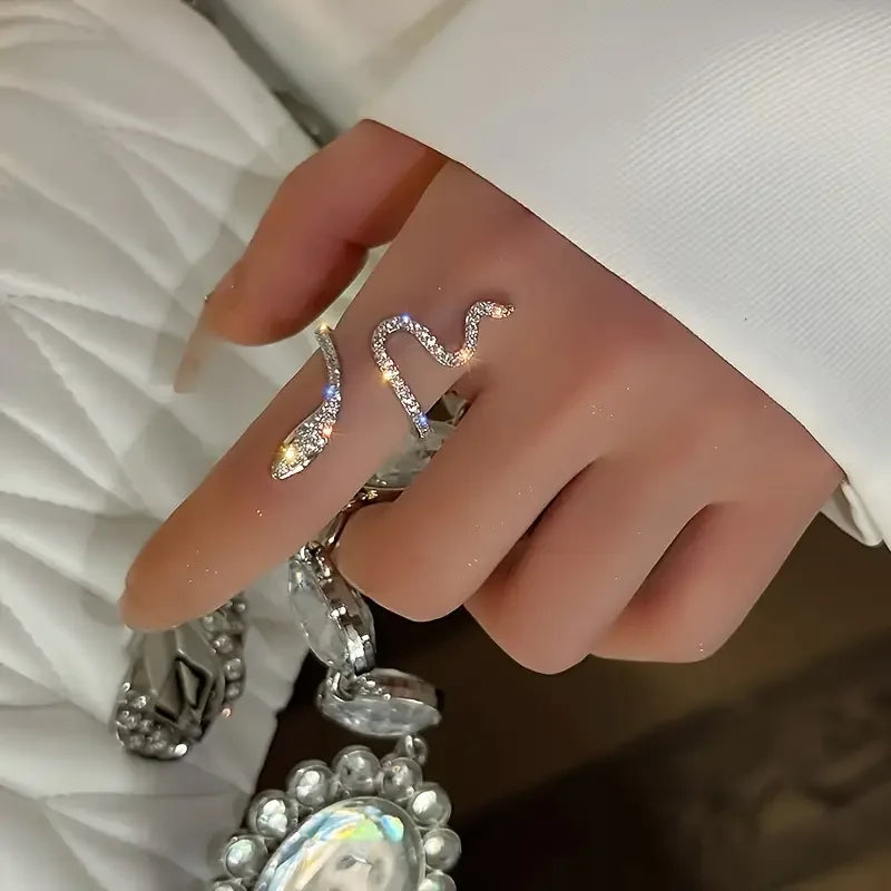 Elegant Luxury Rhinestone Snake Ring Open Adjustable Animal Ring Women's Exquisite Party Daily Gift Valentine's Day Jewelry