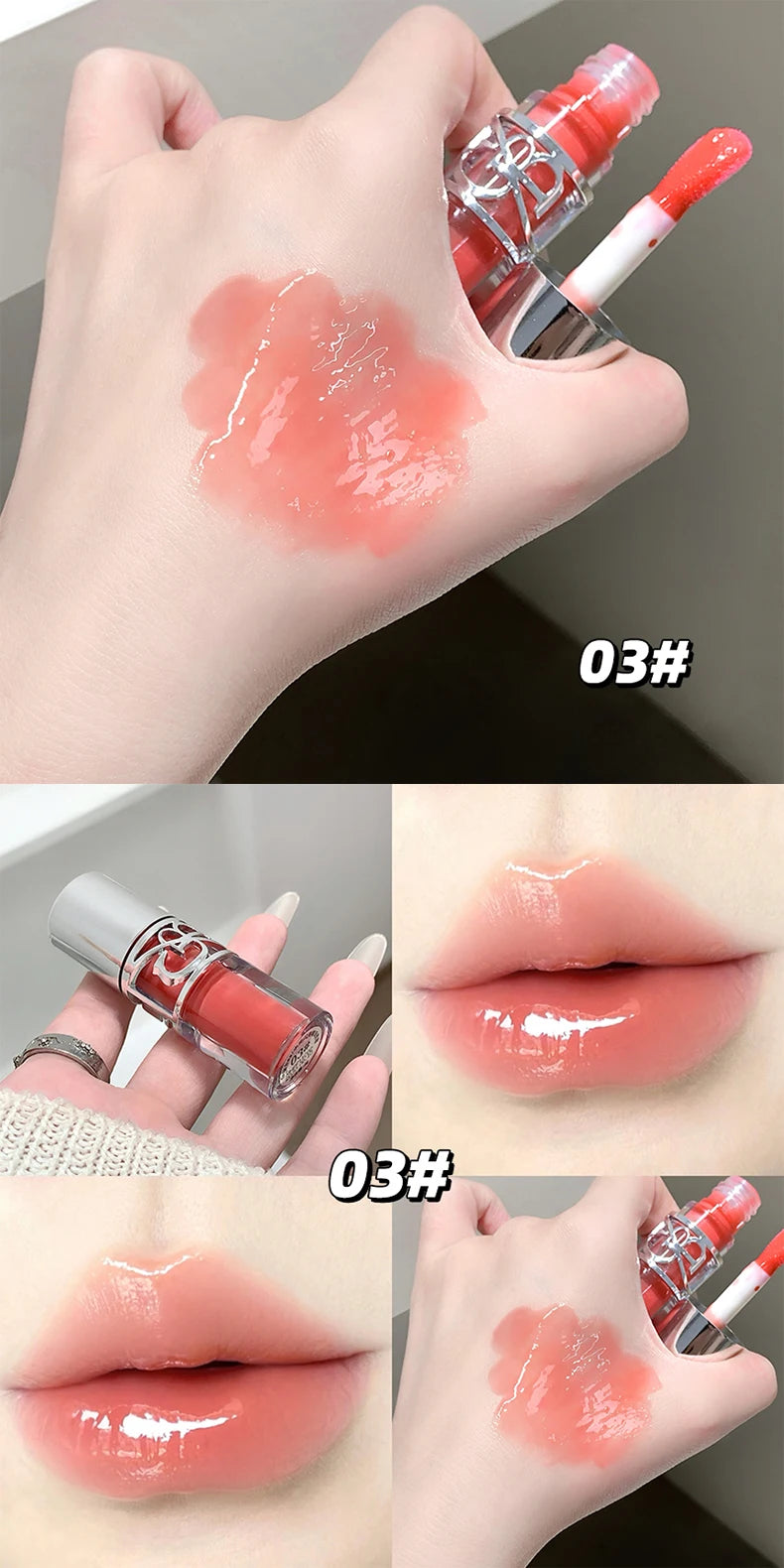 Gege Bear Glittering Mirror Lip Glaze, Watery Shimmering Light Lip Gloss Makeup 8 Colors, Hydrating Moisturizing, Long Lasting