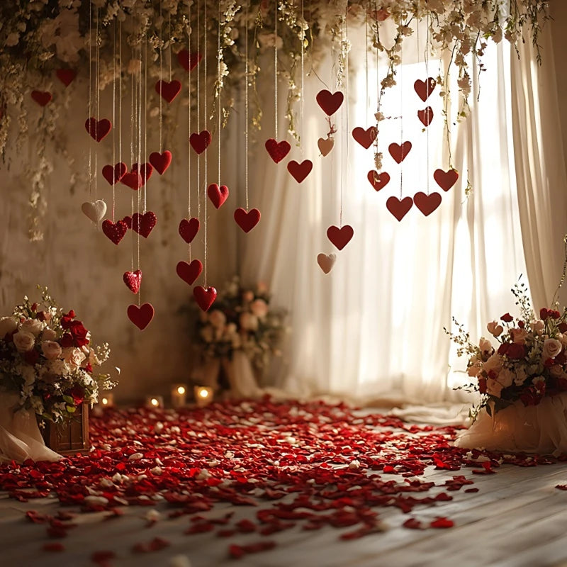 February 14 Valentine's Day Background for Photography White Curtain Red Rose Flowers Couple Party Photo Backdrop Portrait Decor