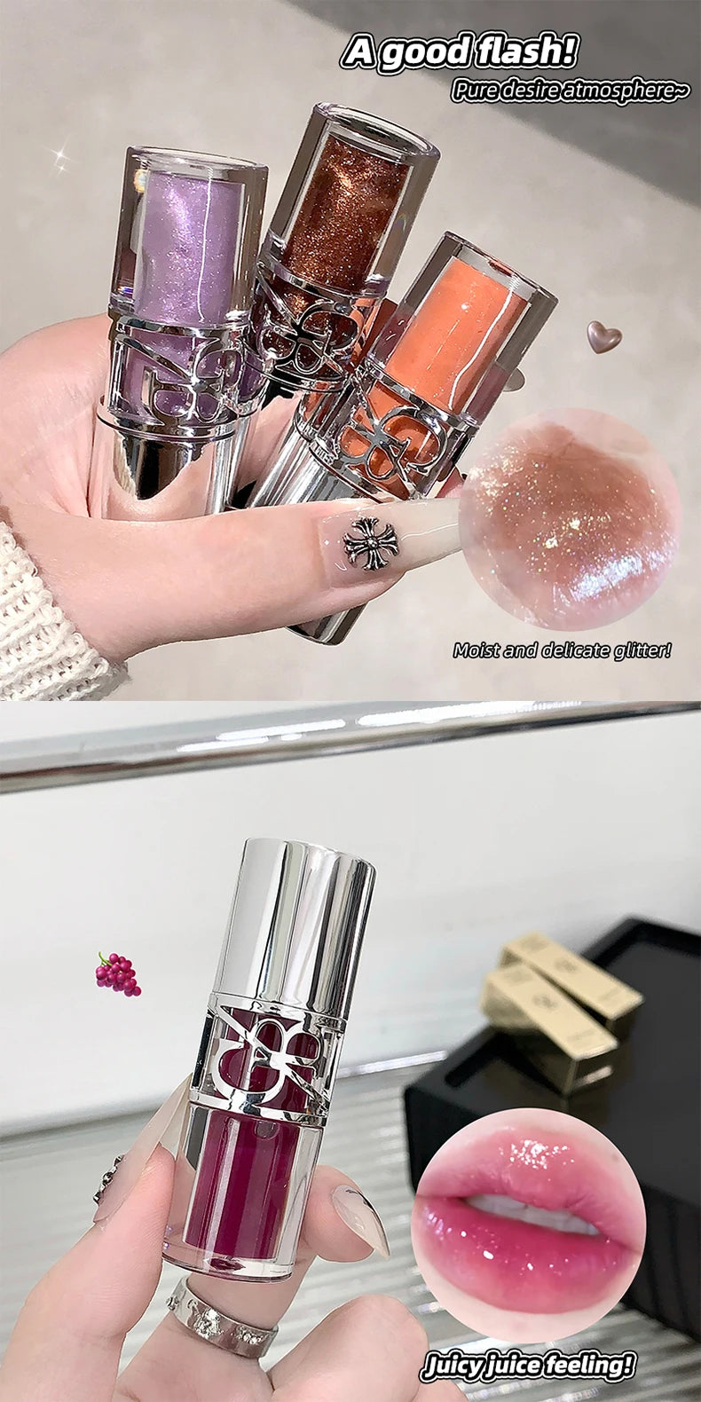 Gege Bear Glittering Mirror Lip Glaze, Watery Shimmering Light Lip Gloss Makeup 8 Colors, Hydrating Moisturizing, Long Lasting