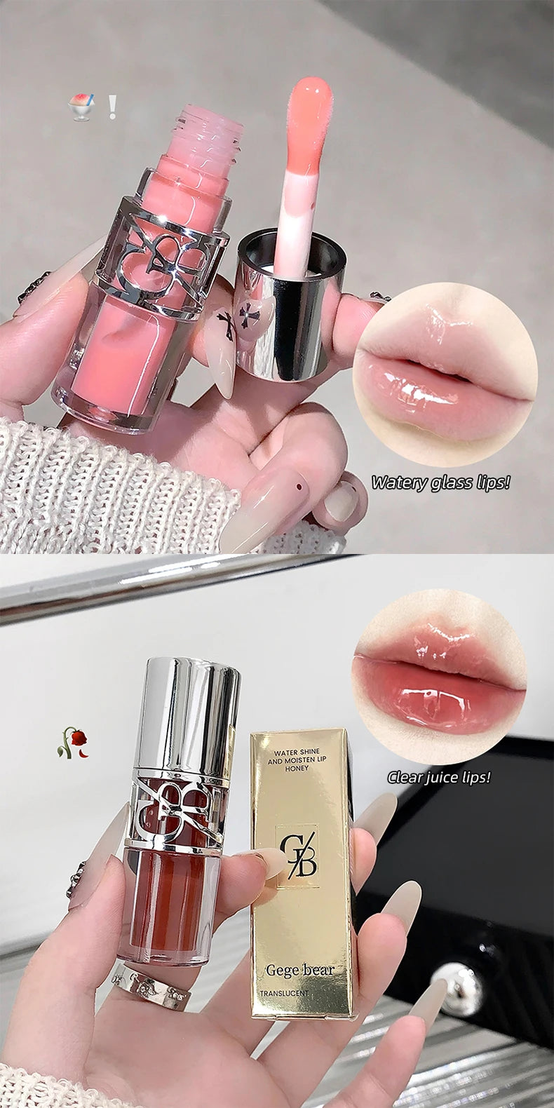 Gege Bear Glittering Mirror Lip Glaze, Watery Shimmering Light Lip Gloss Makeup 8 Colors, Hydrating Moisturizing, Long Lasting