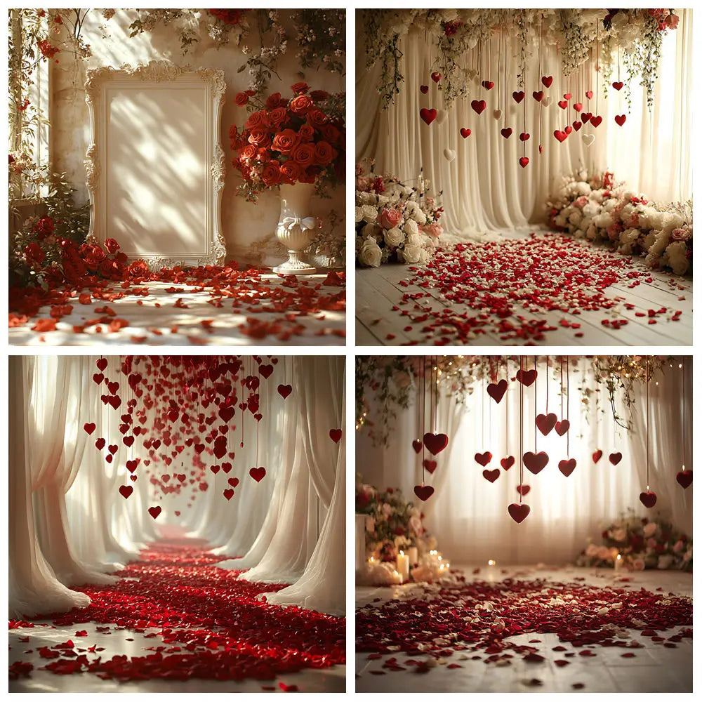 February 14 Valentine's Day Background for Photography White Curtain Red Rose Flowers Couple Party Photo Backdrop Portrait Decor