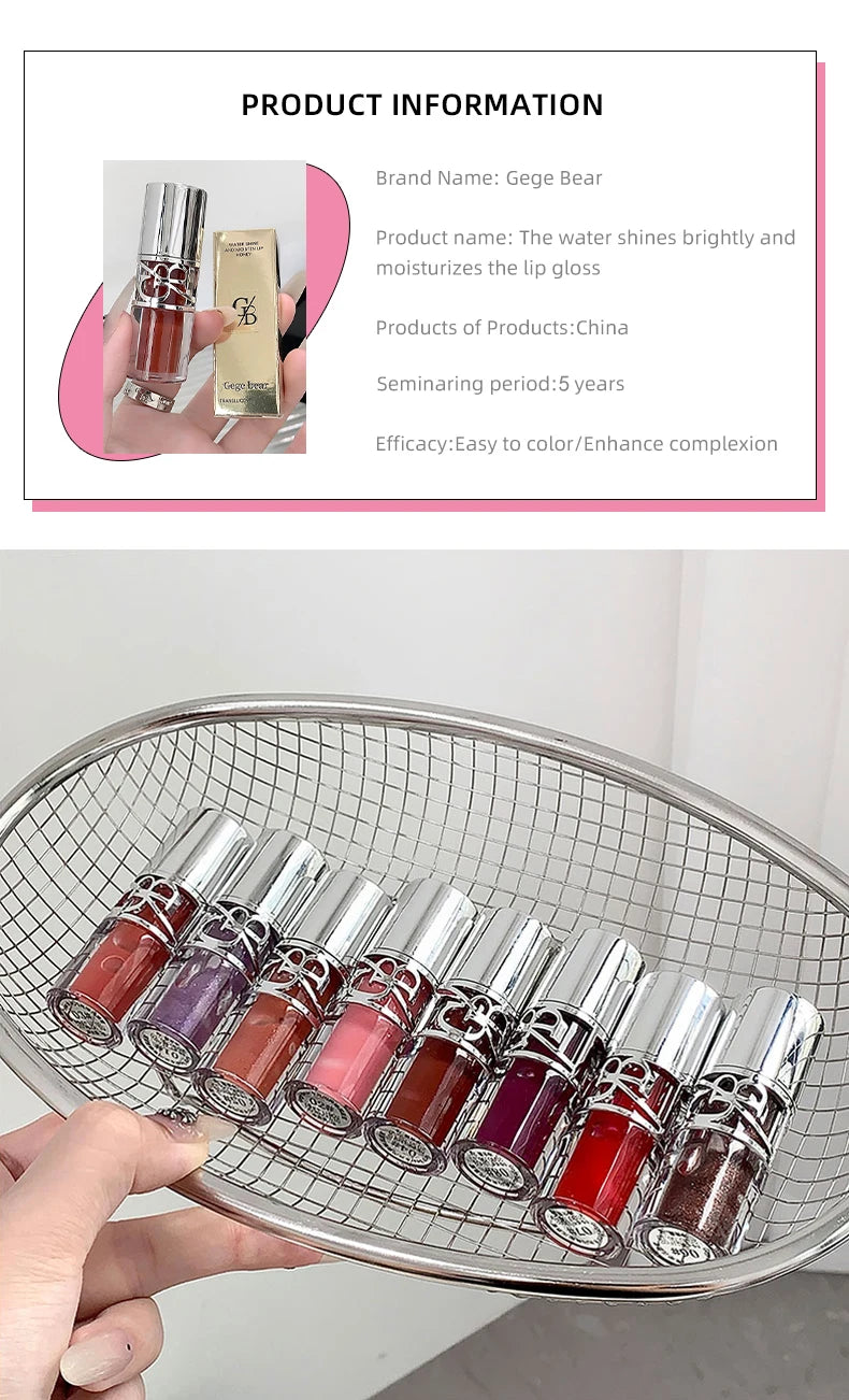 Gege Bear Glittering Mirror Lip Glaze, Watery Shimmering Light Lip Gloss Makeup 8 Colors, Hydrating Moisturizing, Long Lasting