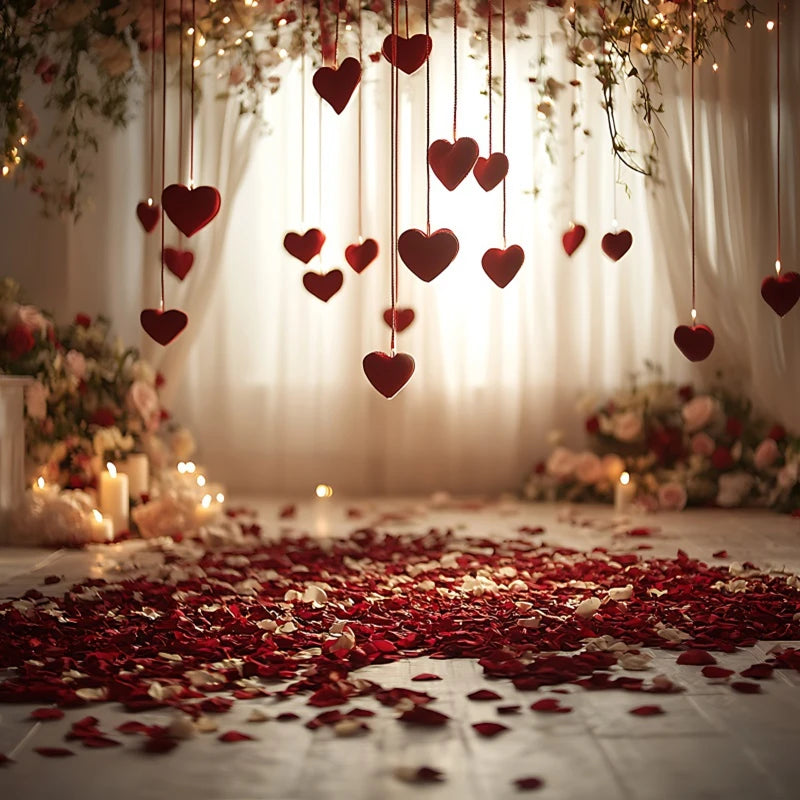 February 14 Valentine's Day Background for Photography White Curtain Red Rose Flowers Couple Party Photo Backdrop Portrait Decor