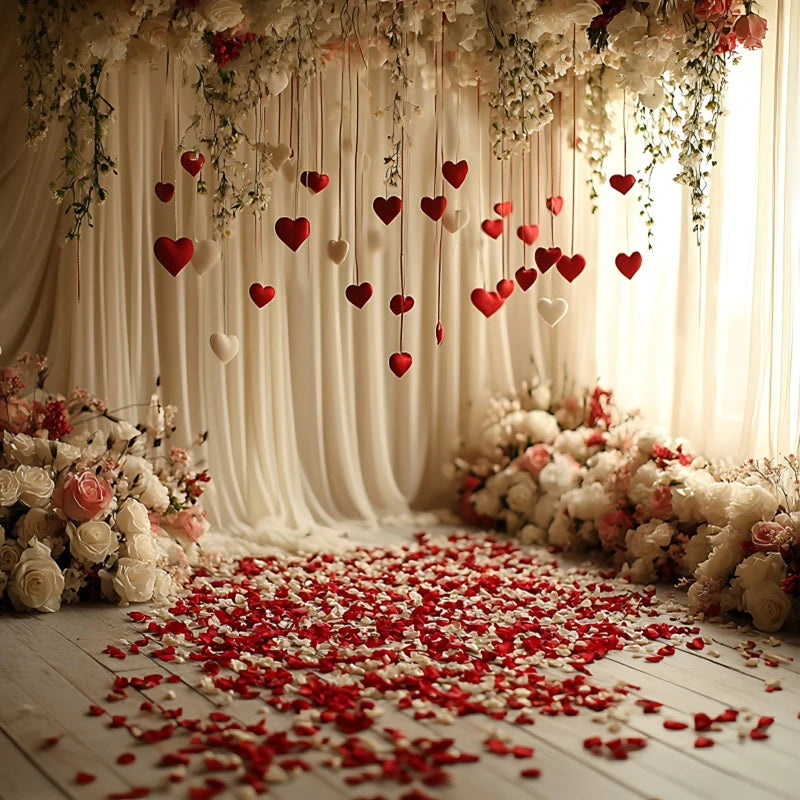 February 14 Valentine's Day Background for Photography White Curtain Red Rose Flowers Couple Party Photo Backdrop Portrait Decor