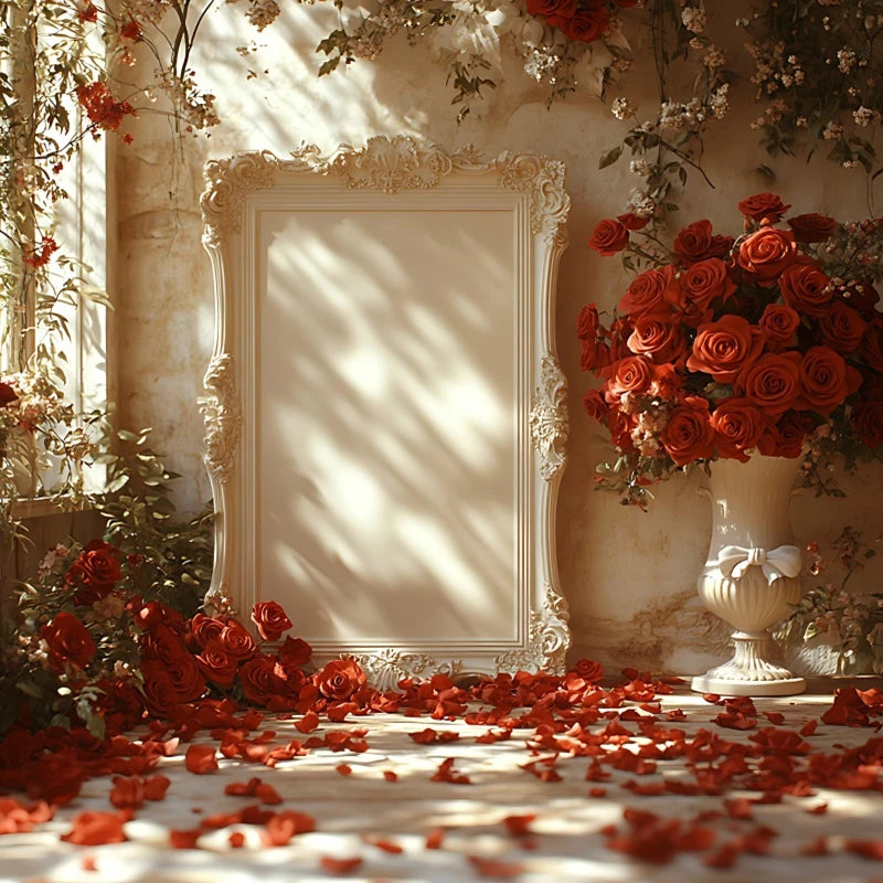 February 14 Valentine's Day Background for Photography White Curtain Red Rose Flowers Couple Party Photo Backdrop Portrait Decor