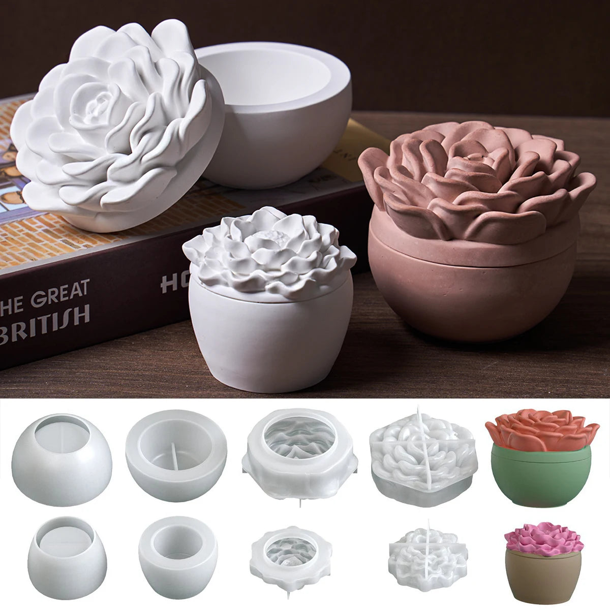 Valentine's Day Flower Candle Jar Silicone Mold DIY Peony Camellia Aromath Gypsum Molds Resin Storage Box Flowerpot Craft Molds