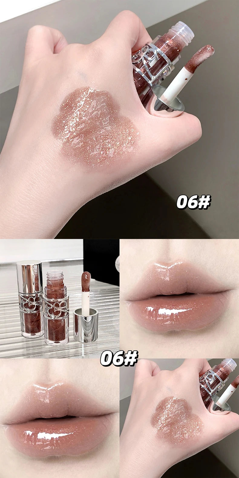 Gege Bear Glittering Mirror Lip Glaze, Watery Shimmering Light Lip Gloss Makeup 8 Colors, Hydrating Moisturizing, Long Lasting