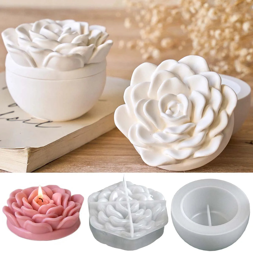 Valentine's Day Flower Candle Jar Silicone Mold DIY Peony Camellia Aromath Gypsum Molds Resin Storage Box Flowerpot Craft Molds