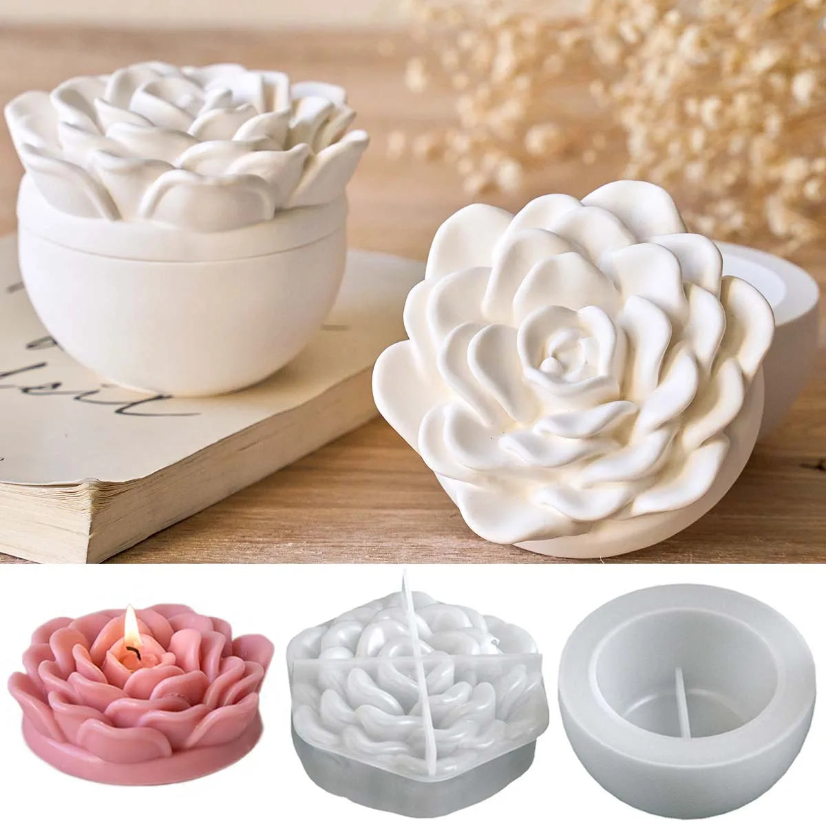 Valentine's Day Flower Candle Jar Silicone Mold DIY Peony Camellia Aromath Gypsum Molds Resin Storage Box Flowerpot Craft Molds