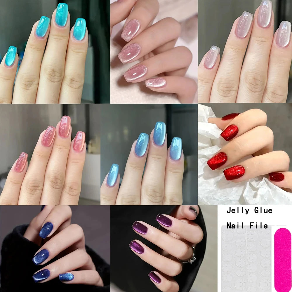 24/96PCS Medium Square Cat Eye Press On Nails Reusable Full Cover Stick-on False Nail Tips DIY Christmas Gift New Year Fake Nail