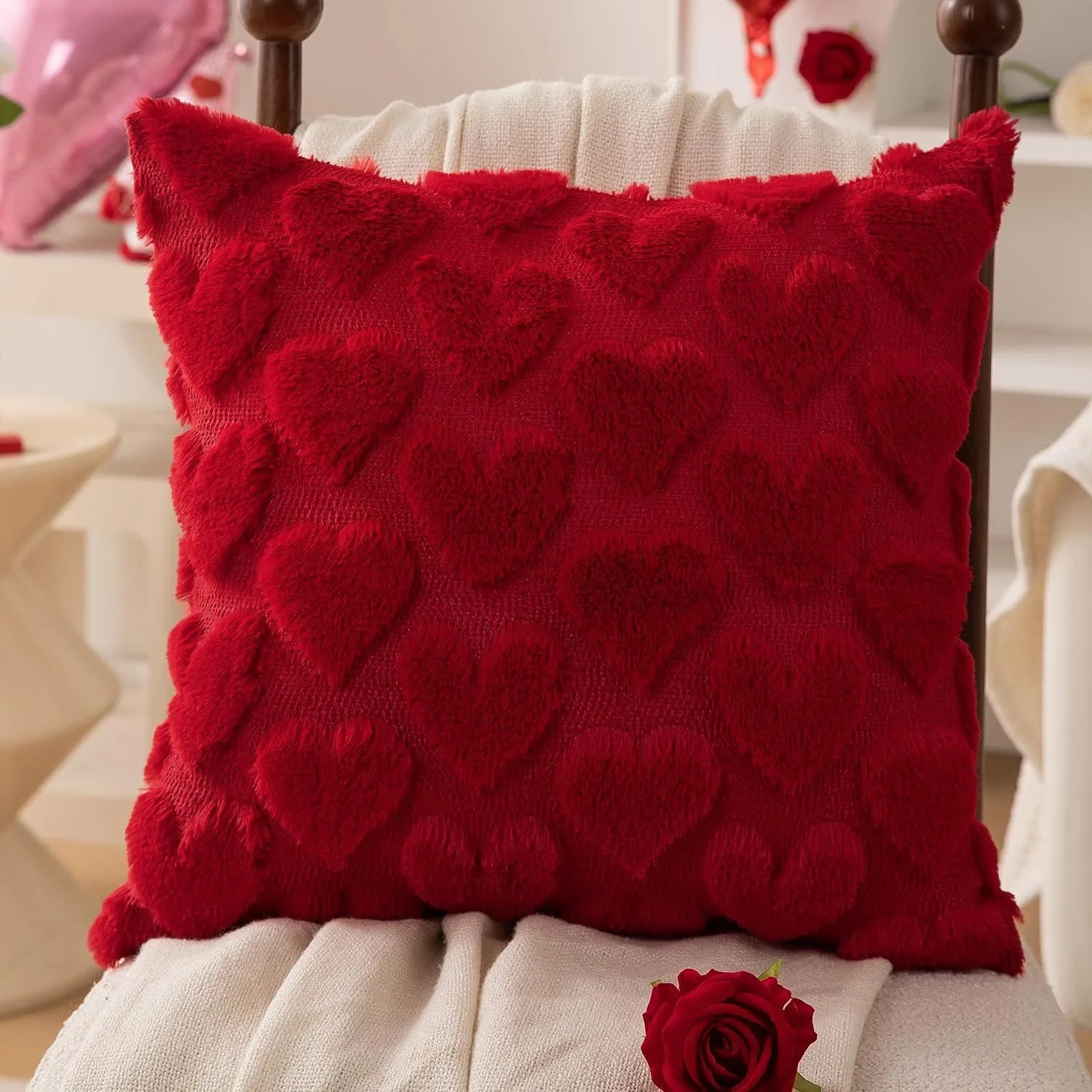 Valentine's Day Plush Pillow Cover Heart Shape Red Pink White Pillowcase Valentines Day Home Decor Sofa Car Cushion Cover